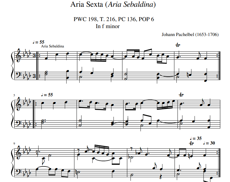 Aria Sexta-Aria Sebaldina PWC 198,T.216,PC136,POP 6 In F minor sheet for piano